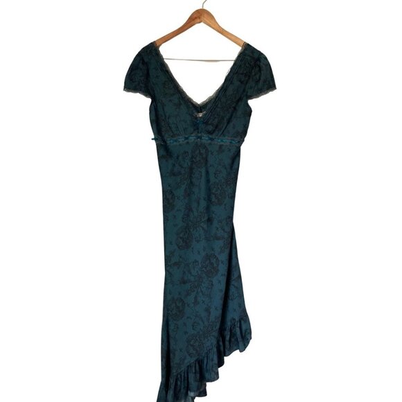 Kimchi Blue Cora Lace-Trim Asymmetrical Midi Dress Navy Cherub Print L - Picture 1 of 7